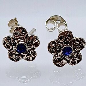 Vintage 90s Sterling Silver Blue Crystal Rhinestone Flower Stud Earrings 925